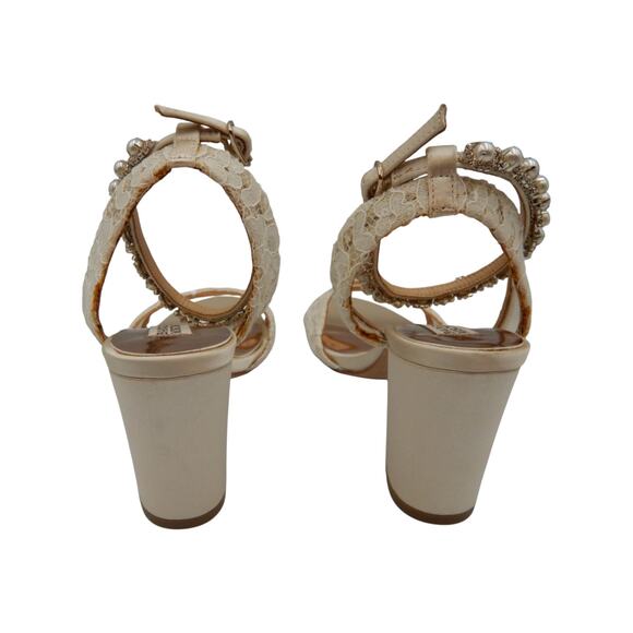 Badgley Mischka Koko Pearl & Rhinestone Lace Block Heel Bridal Sandals Ivory 6 - Picture 2 of 10